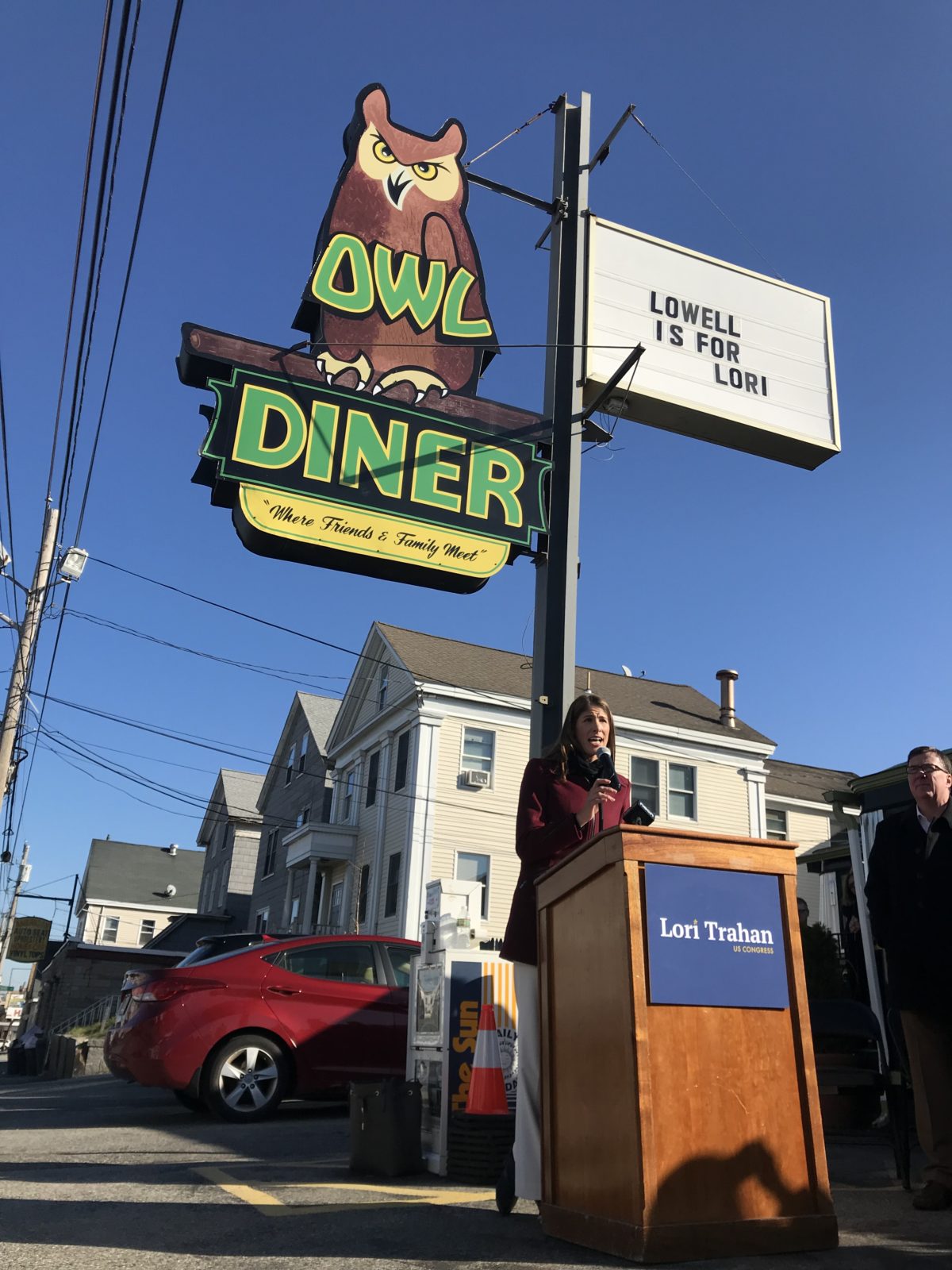 Reps. Tom Golden, David Nangle and Rady Mom endorsed Lori Trahan in an announcement at the Owl Diner.