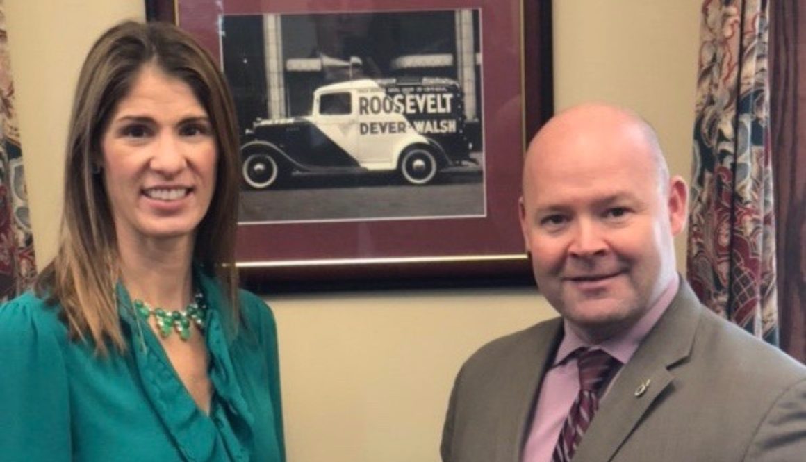 Lori Trahan joins Sean O'Brien, president of the Teamsters Local 25, after the group formally endorsed Trahan, citing her support for organized labor and working-class families.