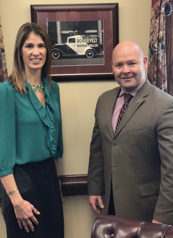 Lori Trahan joins Sean O'Brien, president of the Teamsters Local 25, after the group formally endorsed Trahan, citing her support for organized labor and working-class families.