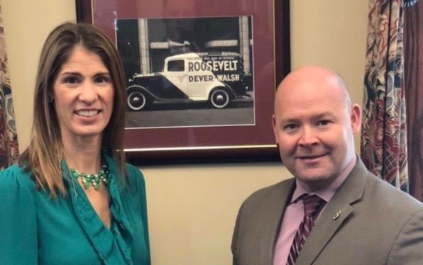 Lori Trahan joins Sean O'Brien, president of the Teamsters Local 25, after the group formally endorsed Trahan, citing her support for organized labor and working-class families.